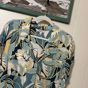 Liverpool Teal and Yellow Leaf Pattern Blouse